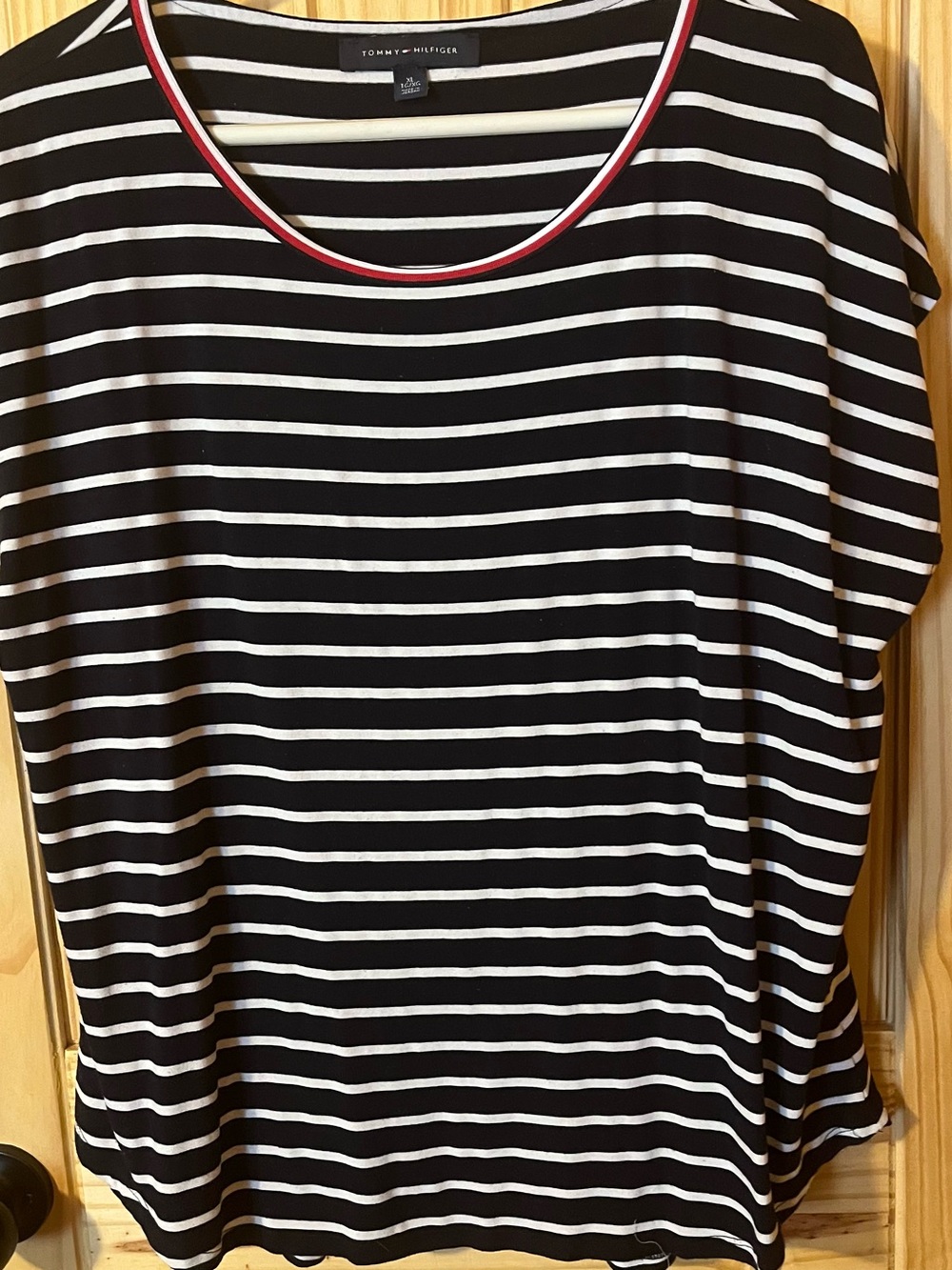 Tommy Hilfiger Black & White Striped Short-Sleeve Tee with Red Trim